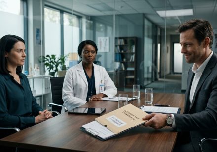Husband reading DNA test results in a genetics clinic as his wife watches and the doctor reacts seriously.