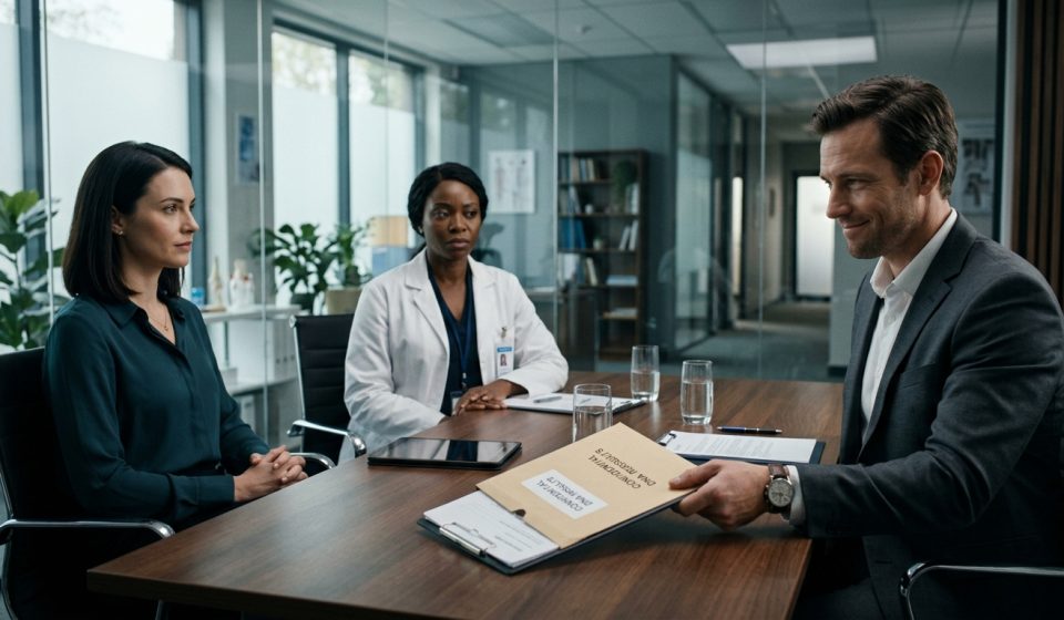 Husband reading DNA test results in a genetics clinic as his wife watches and the doctor reacts seriously.