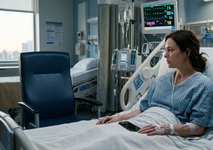 Woman recovering alone in a hospital bed after her family never visited me in ICU, with an empty visitor chair beside her.