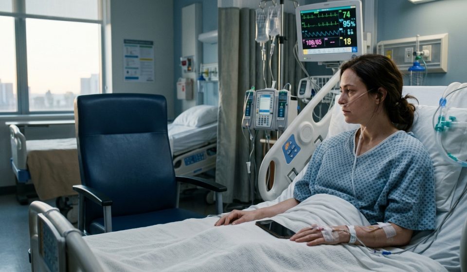 Woman recovering alone in a hospital bed after her family never visited me in ICU, with an empty visitor chair beside her.