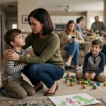Six-year-old Henry looks to his mother for reassurance after his cousin tells him his dad left because you're annoying.