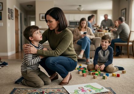 Six-year-old Henry looks to his mother for reassurance after his cousin tells him his dad left because you're annoying.