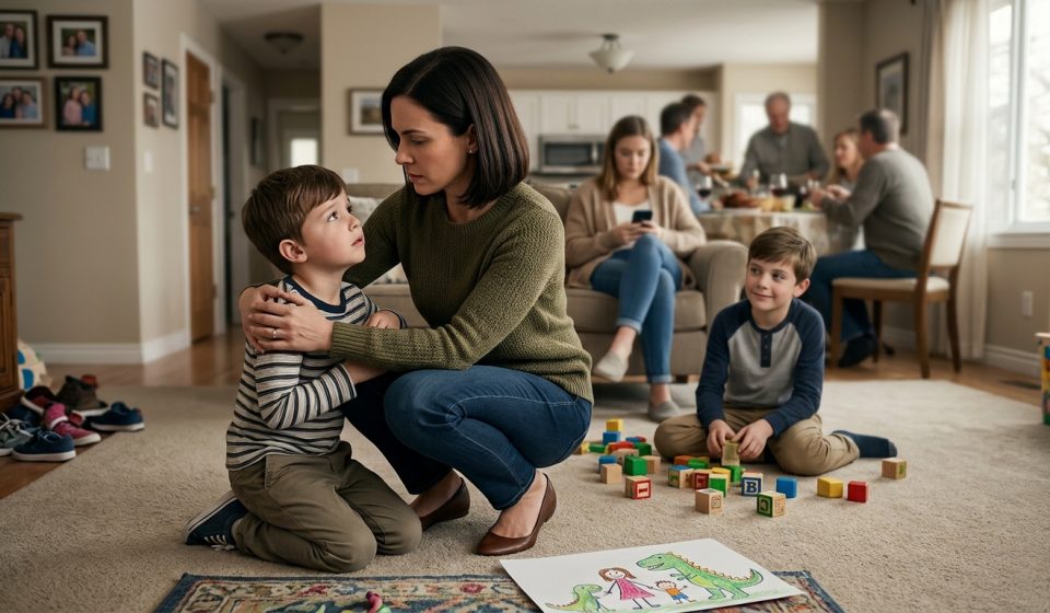 Six-year-old Henry looks to his mother for reassurance after his cousin tells him his dad left because you're annoying.