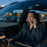 Professional woman sitting in her parked car after learning she was excluded from her brother's wedding during a phone call with Grandma