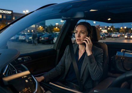 Professional woman sitting in her parked car after learning she was excluded from her brother's wedding during a phone call with Grandma