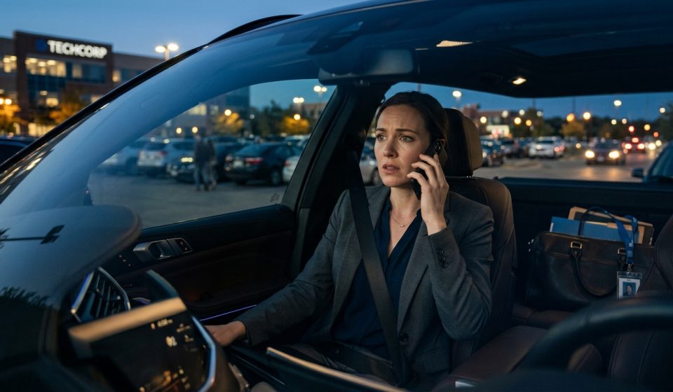 Professional woman sitting in her parked car after learning she was excluded from her brother's wedding during a phone call with Grandma