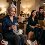 Mother holding grey socks while her daughter's in-laws celebrate receiving a luxury Christmas vacation
