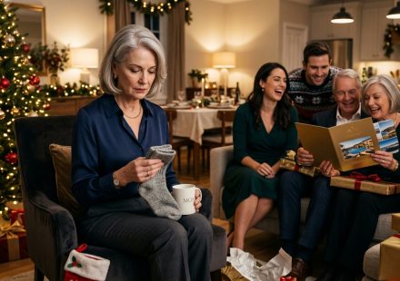 Mother holding grey socks while her daughter's in-laws celebrate receiving a luxury Christmas vacation