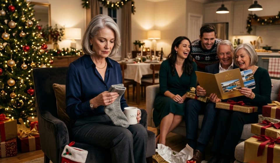 Mother holding grey socks while her daughter's in-laws celebrate receiving a luxury Christmas vacation
