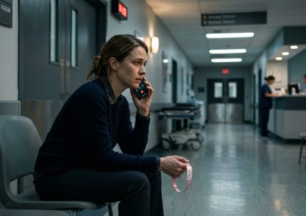 A worried mother waits alone outside an operating room while her daughter was in emergency surgery late at night.