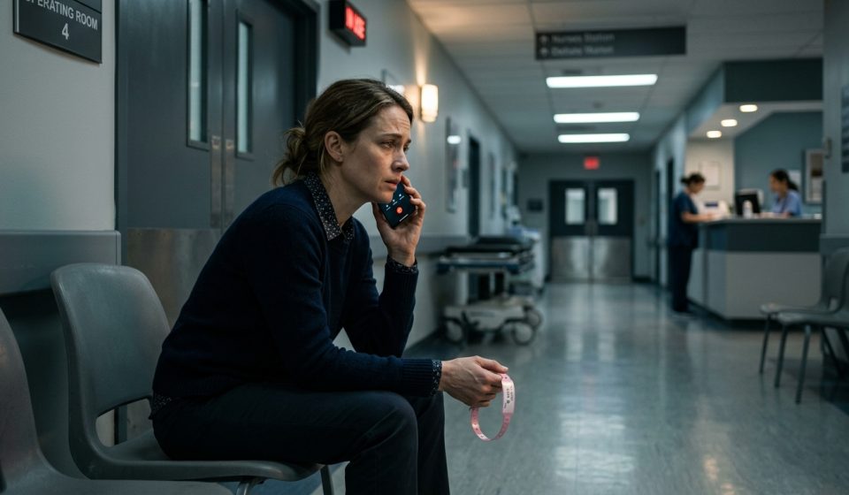 A worried mother waits alone outside an operating room while her daughter was in emergency surgery late at night.