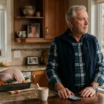 A 64-year-old widowed father stands quietly in his kitchen after his son excluded him from Thanksgiving dinner while a turkey waits to be cooked.