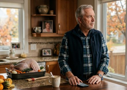 A 64-year-old widowed father stands quietly in his kitchen after his son excluded him from Thanksgiving dinner while a turkey waits to be cooked.