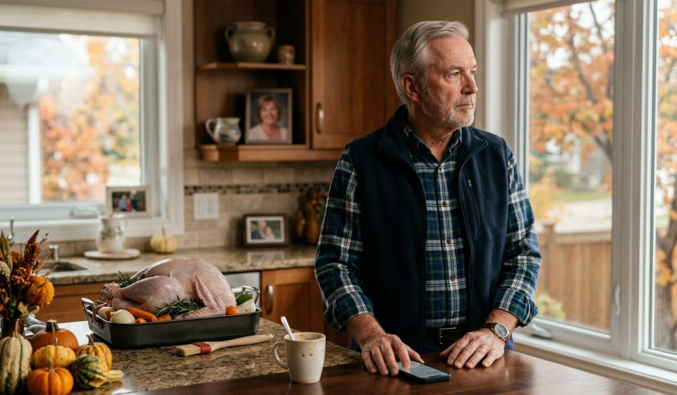 A 64-year-old widowed father stands quietly in his kitchen after his son excluded him from Thanksgiving dinner while a turkey waits to be cooked.