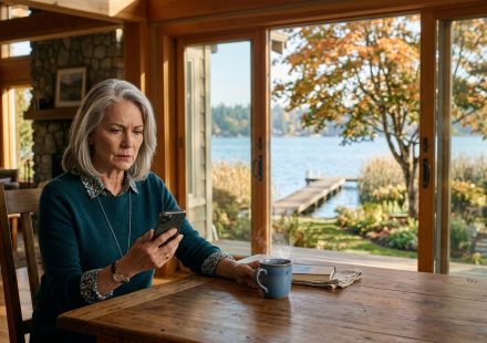 Woman at her kitchen table discovers her son is using her lake house for an anniversary party without asking permission.