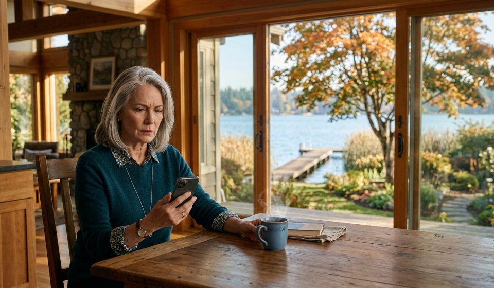 Woman at her kitchen table discovers her son is using her lake house for an anniversary party without asking permission.