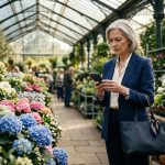 Woman reading a “we need your apartment this weekend” message from her daughter while shopping for hydrangeas at a garden center.