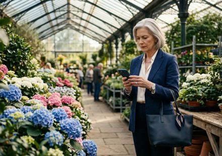Woman reading a “we need your apartment this weekend” message from her daughter while shopping for hydrangeas at a garden center.