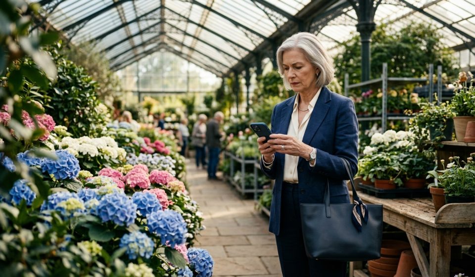 Woman reading a “we need your apartment this weekend” message from her daughter while shopping for hydrangeas at a garden center.