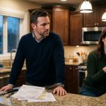 Husband reviewing household expenses after questioning why his salary goes into the joint account while his wife keeps her income separate.