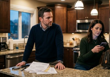 Husband reviewing household expenses after questioning why his salary goes into the joint account while his wife keeps her income separate.