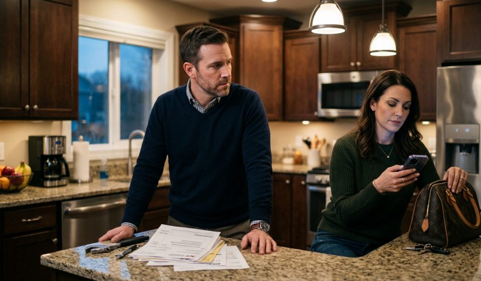 Husband reviewing household expenses after questioning why his salary goes into the joint account while his wife keeps her income separate.