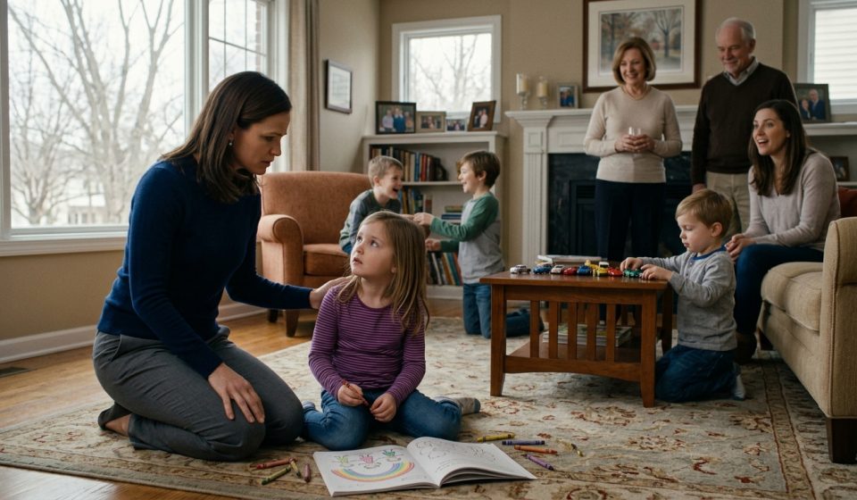 Mother comforts her six-year-old daughter after her parents excluded her kids from Hawaii during a family gathering