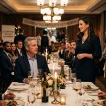 Father sitting at his retirement dinner as his adult daughter addresses the guests while her husband records the moment