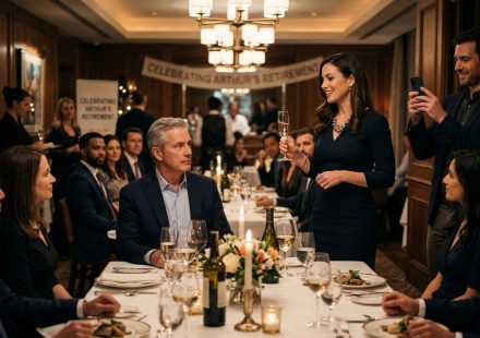 Father sitting at his retirement dinner as his adult daughter addresses the guests while her husband records the moment