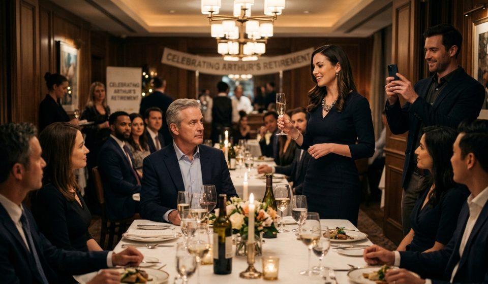 Father sitting at his retirement dinner as his adult daughter addresses the guests while her husband records the moment