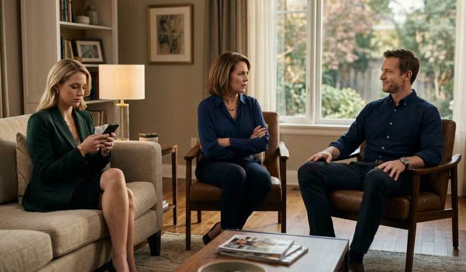 Nathan calmly responds to his mother after she accuses him of being jealous of his successful sister while Allison sits nearby