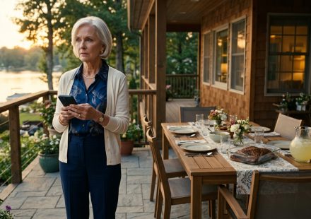 Mother sitting beside empty patio chairs after her daughter skipped her new-home housewarming