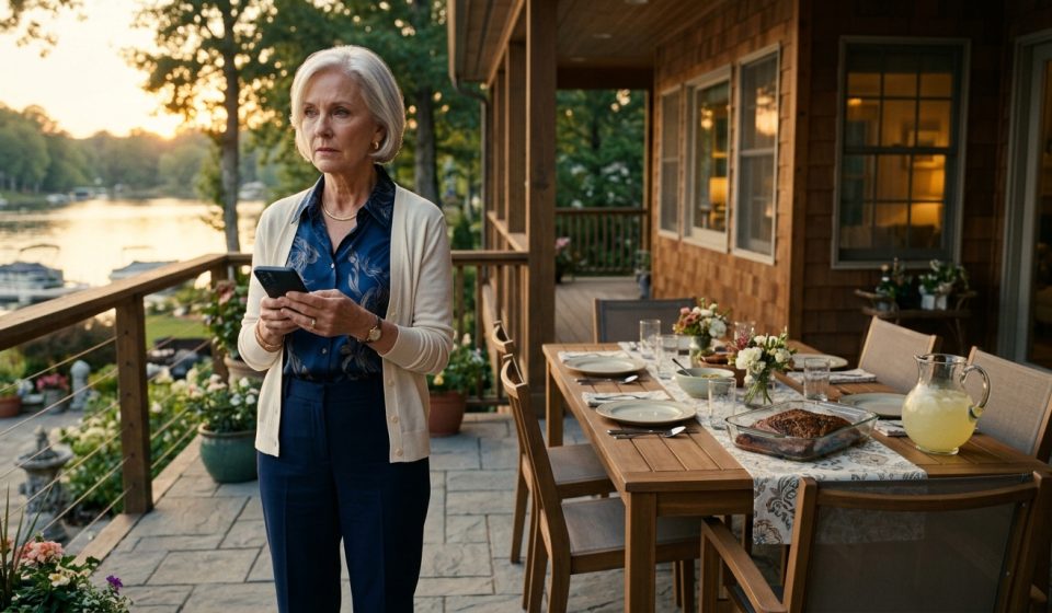 Mother sitting beside empty patio chairs after her daughter skipped her new-home housewarming