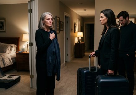 A grieving widow holds her late husband's cardigan as her daughter-in-law throws her out with two packed suitcases beside them.