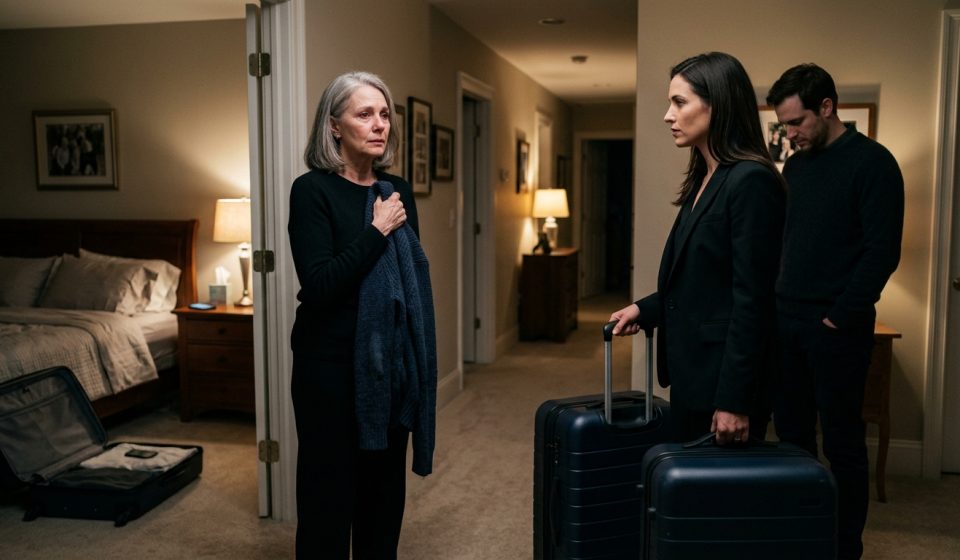 A grieving widow holds her late husband's cardigan as her daughter-in-law throws her out with two packed suitcases beside them.