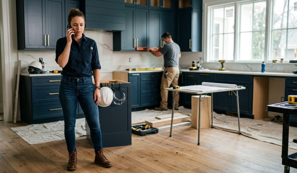 Female contractor takes a difficult family phone call after being asked to skip my parents anniversary dinner because of her construction career.