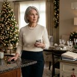 Mother receiving a “we're not spending Christmas with you” call while standing beside holiday planning documents in her kitchen.