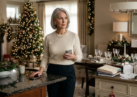 Mother receiving a “we're not spending Christmas with you” call while standing beside holiday planning documents in her kitchen.