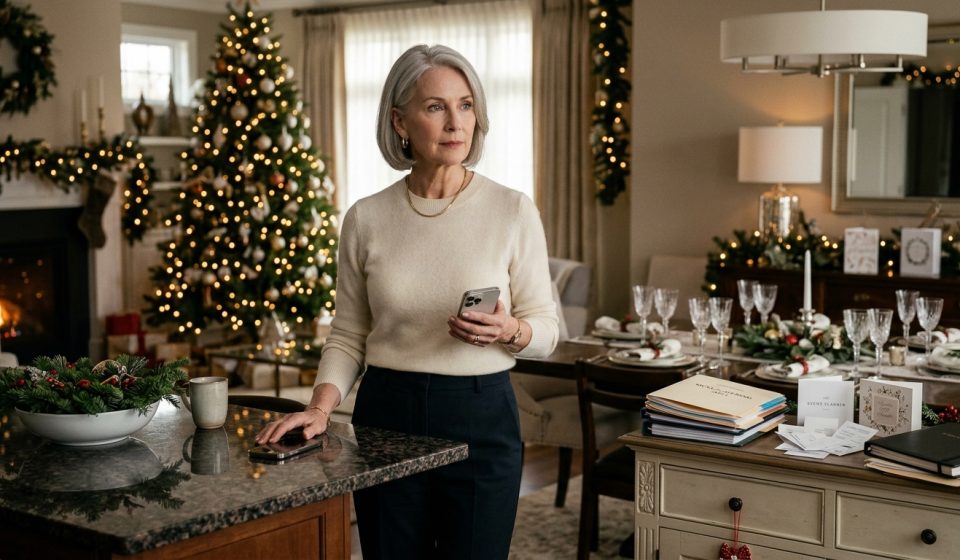 Mother receiving a “we're not spending Christmas with you” call while standing beside holiday planning documents in her kitchen.
