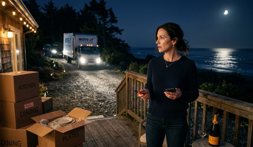 Woman outside her new coastal home as a moving truck arrives after her sister wants my master bedroom.