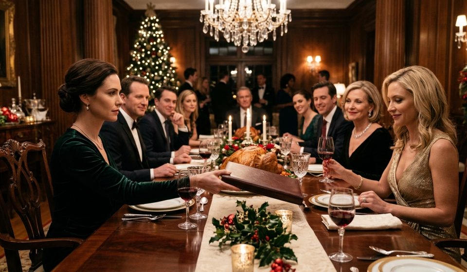 35-year-old woman calmly slides a document toward her sister during an elegant family dinner after being mocked for being still single at 35