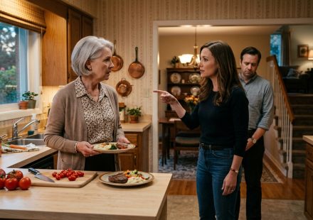 Older woman holding her dinner plate after her daughter-in-law took over her house and told her to leave the kitchen.