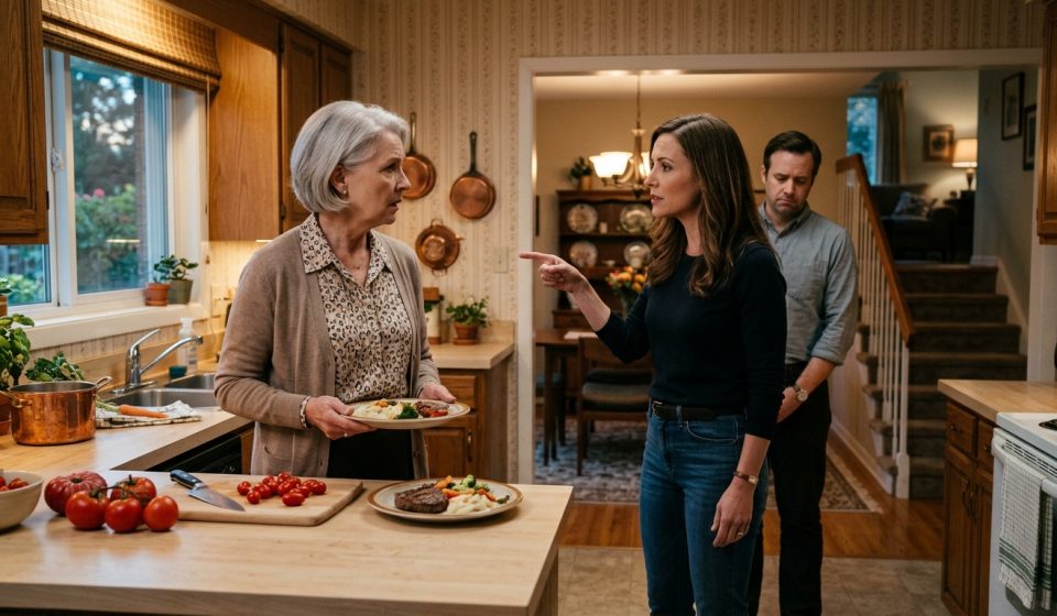 Older woman holding her dinner plate after her daughter-in-law took over her house and told her to leave the kitchen.