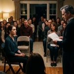 Family birthday intervention with a 30-year-old woman facing relatives gathered in folding chairs while her parents publicly confront her.