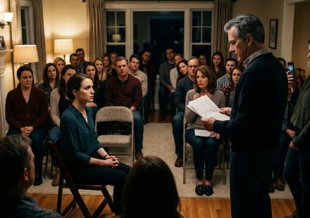 Family birthday intervention with a 30-year-old woman facing relatives gathered in folding chairs while her parents publicly confront her.