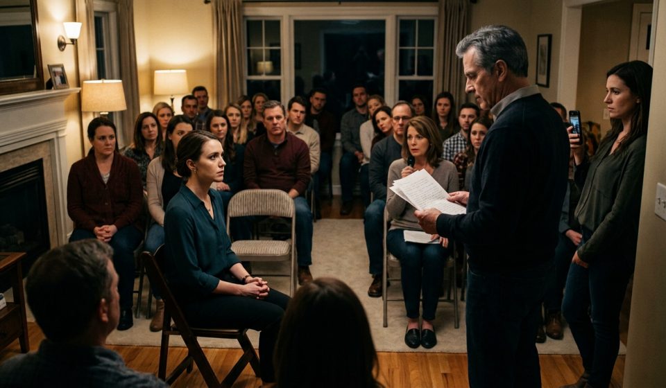 Family birthday intervention with a 30-year-old woman facing relatives gathered in folding chairs while her parents publicly confront her.