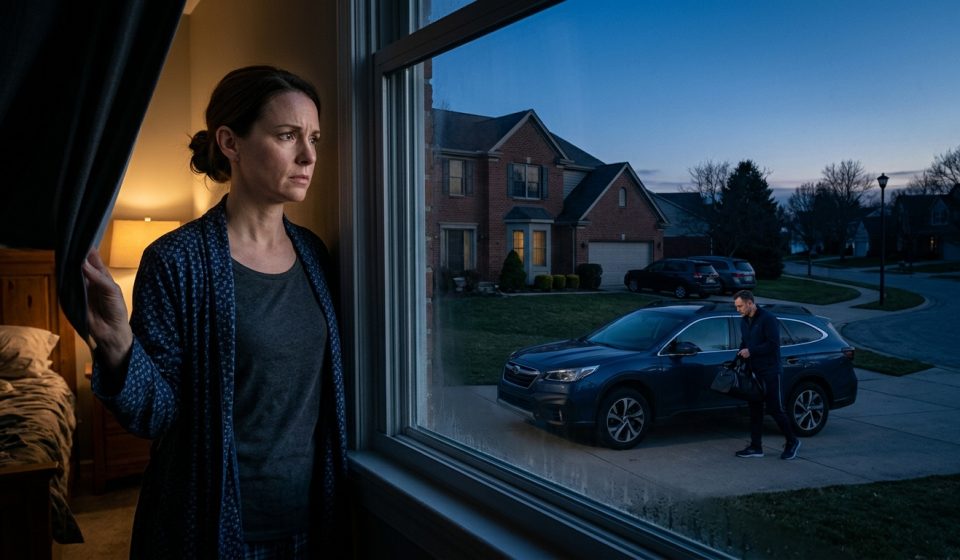 Woman watching her husband leaving home at 5 AM while he claims he is going to the gym