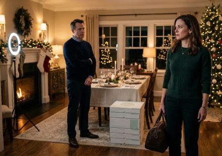 Woman holding an overnight bag after her husband excluded her from Christmas as a suspicious holiday photo setup waits behind them