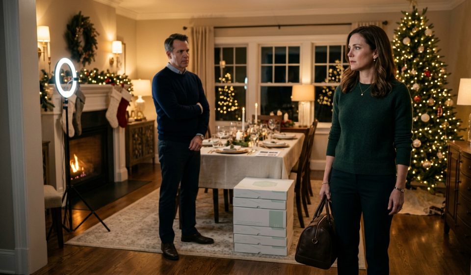 Woman holding an overnight bag after her husband excluded her from Christmas as a suspicious holiday photo setup waits behind them