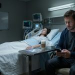 An exhausted firefighter sits beside his unconscious wife in a hospital room after receiving an insensitive late-night message from his sister.